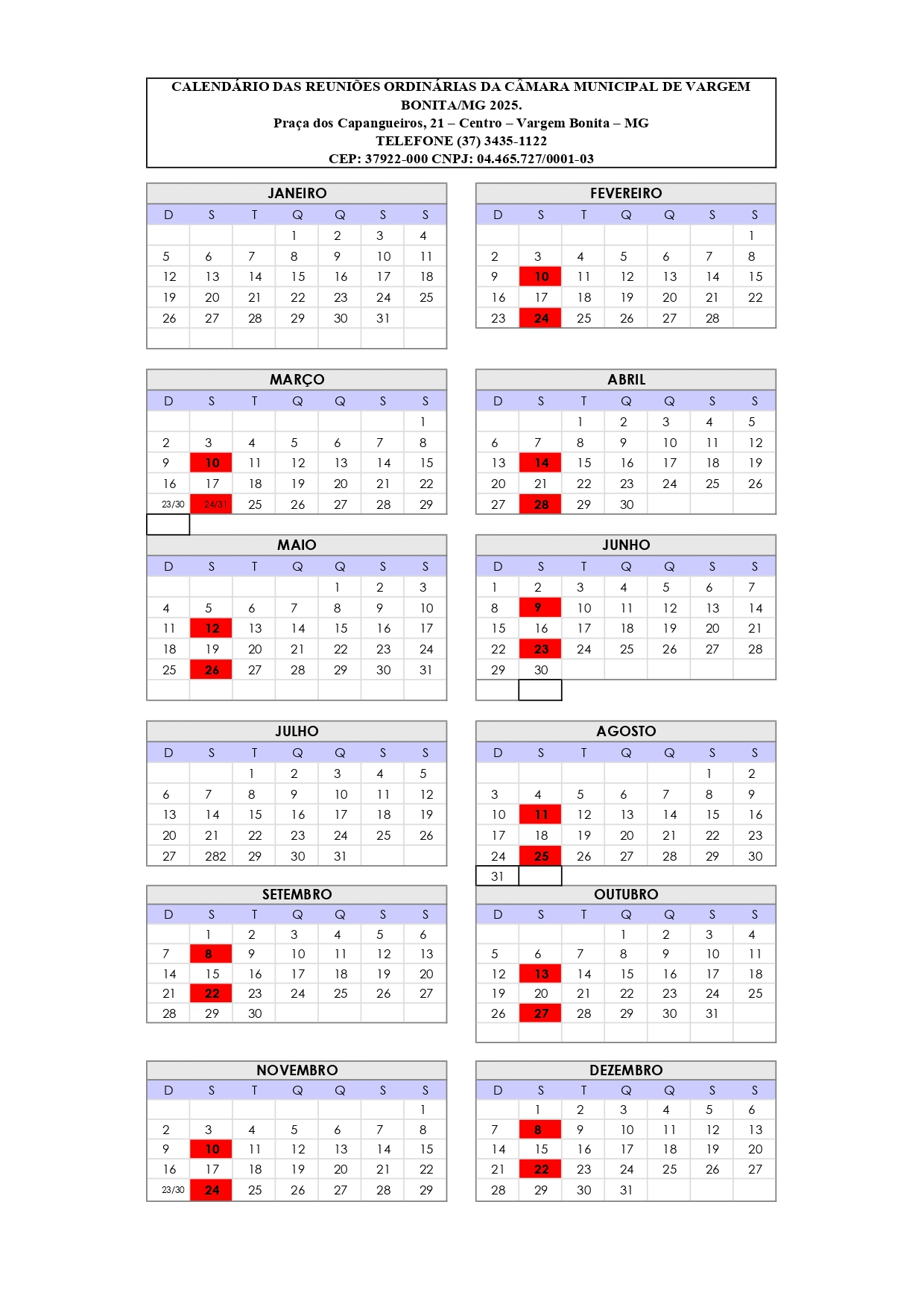 Calendário de Reuniões Ordinárias 2025